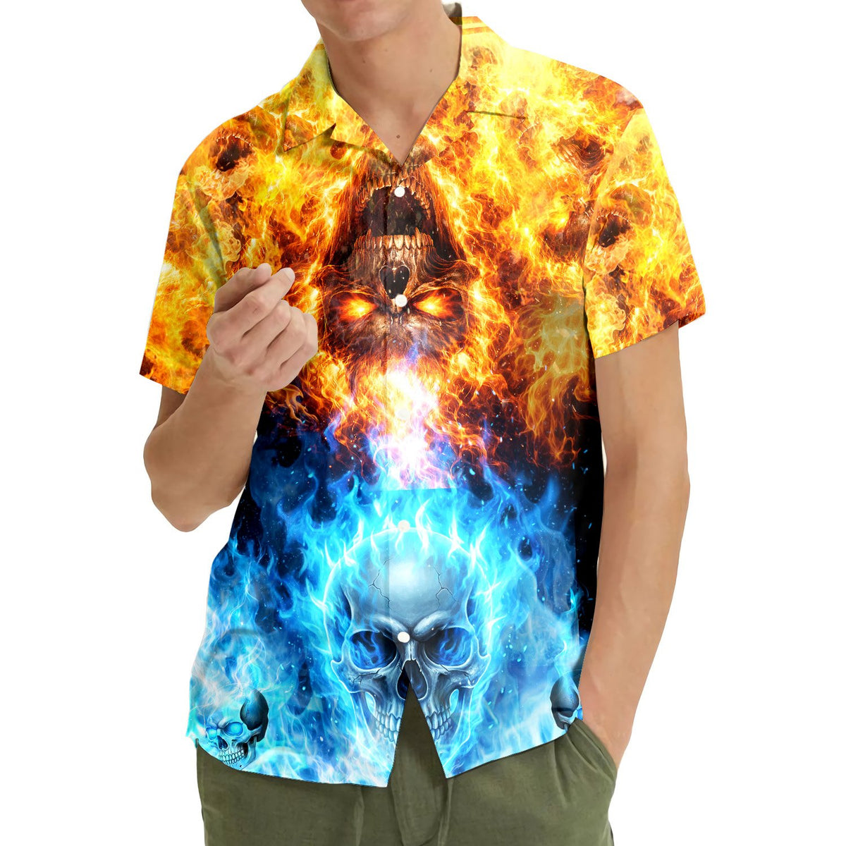 Second lifestyle view showcasing the vibrant orange and blue skull design