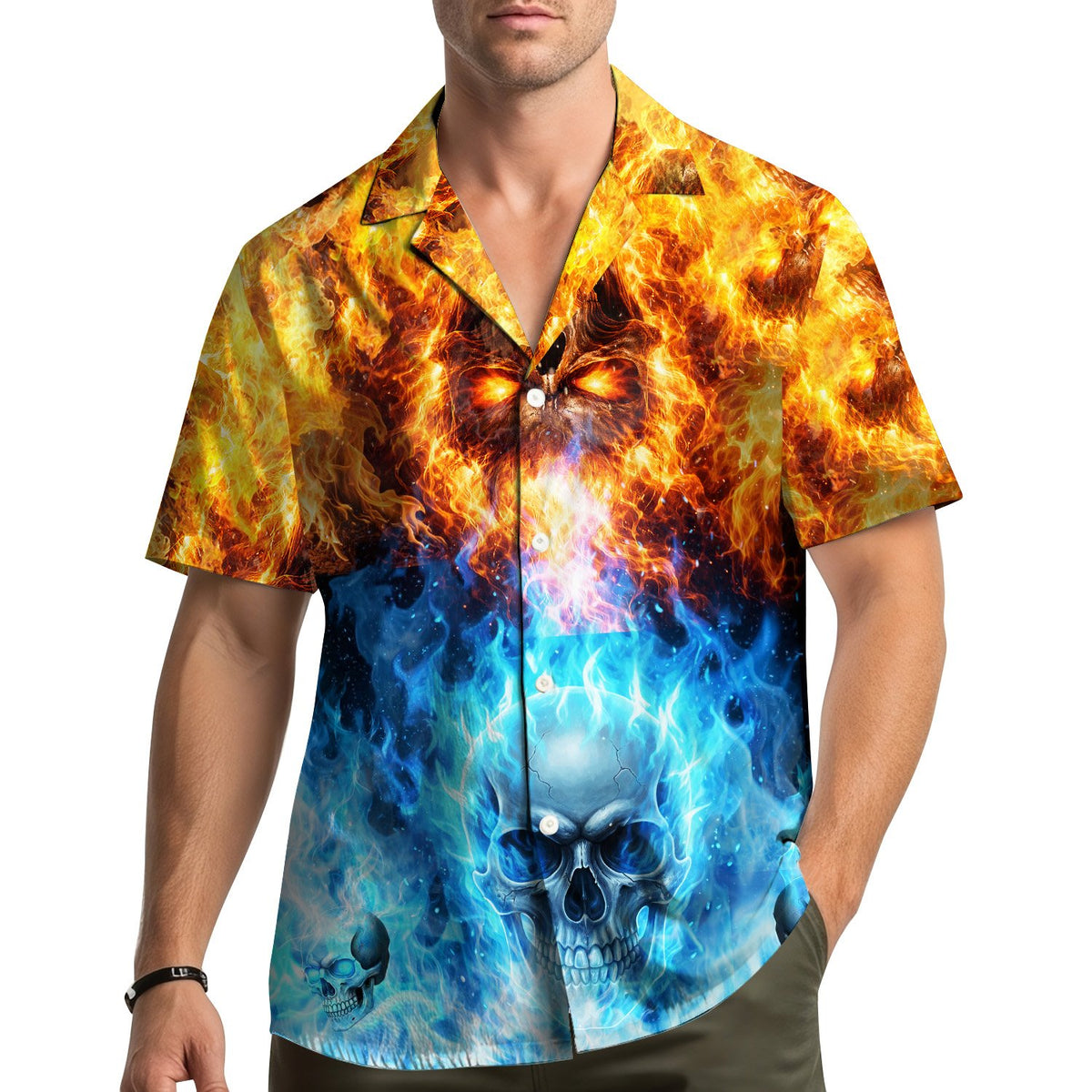 Lifestyle view of the skull Hawaiian shirt worn outdoors