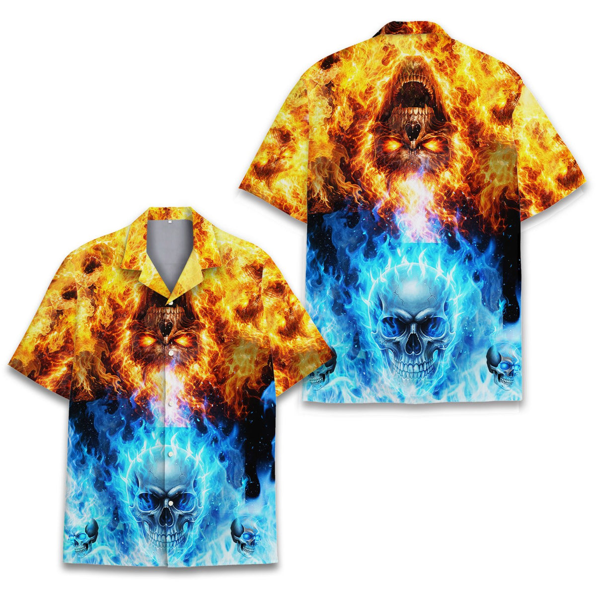 Close up detail view of the fire and ice skull graphic