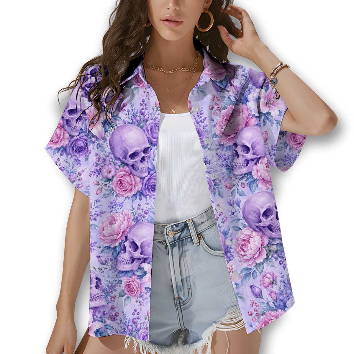 Back view of the skull and floral matching family hawaiian shirt