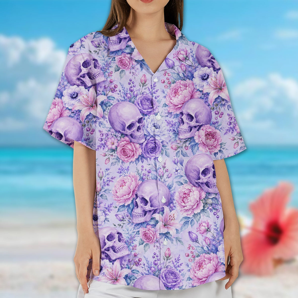 Final lifestyle view of the skull and floral hawaiian shirt