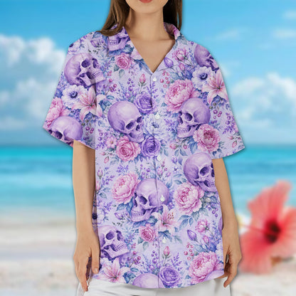 Final lifestyle view of the skull and floral hawaiian shirt