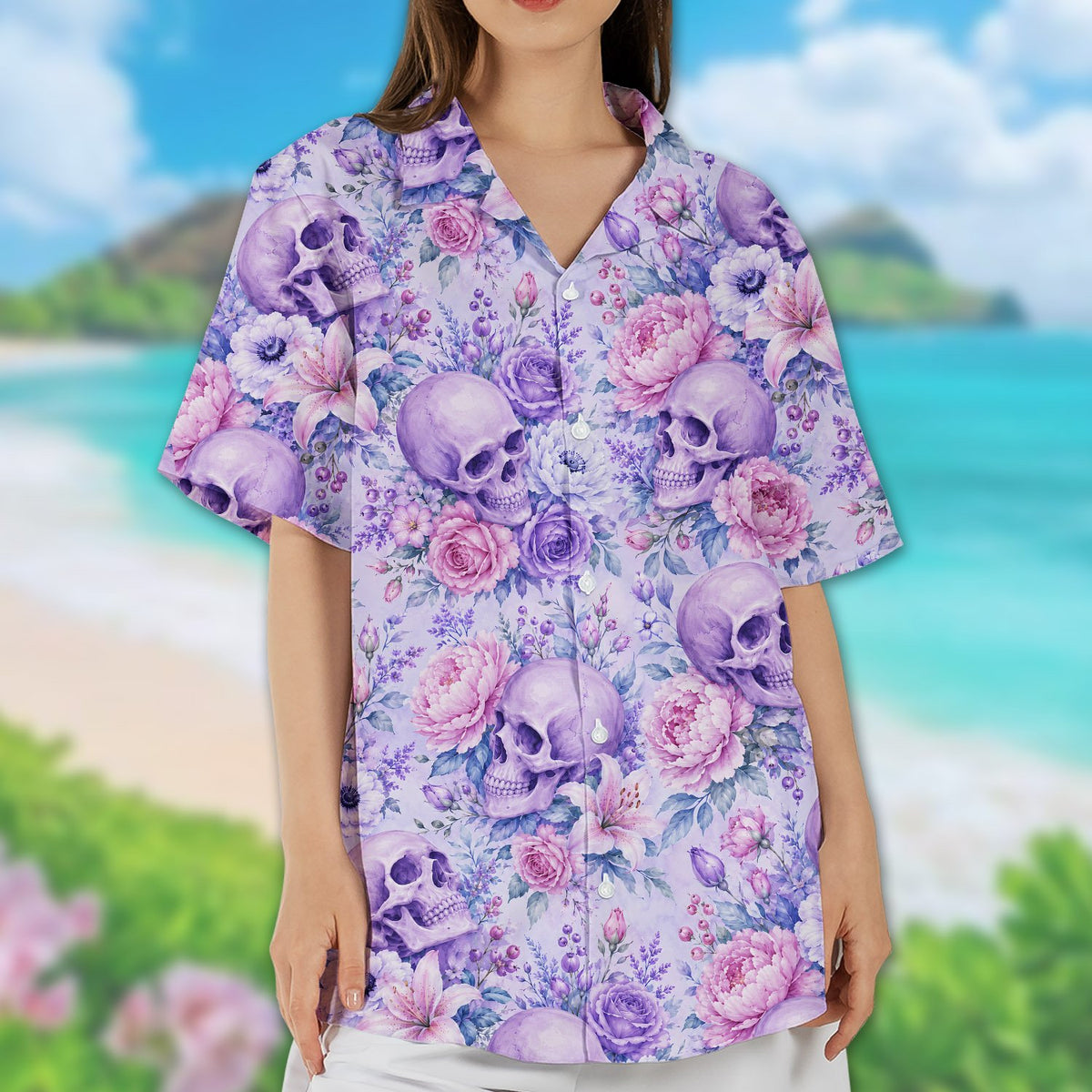 Lifestyle view of the matching family hawaiian shirts worn outside