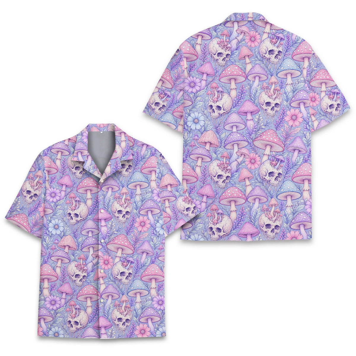 Another front view of the pastel skull and mushroom hawaiian shirt