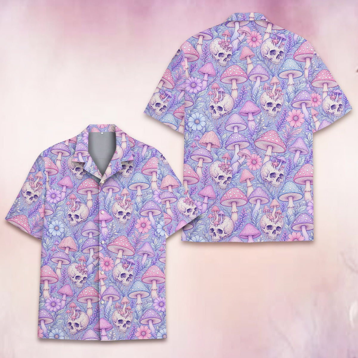 Detail front view of the skull flower hawaiian shirt