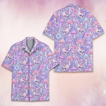 Detail front view of the skull flower hawaiian shirt