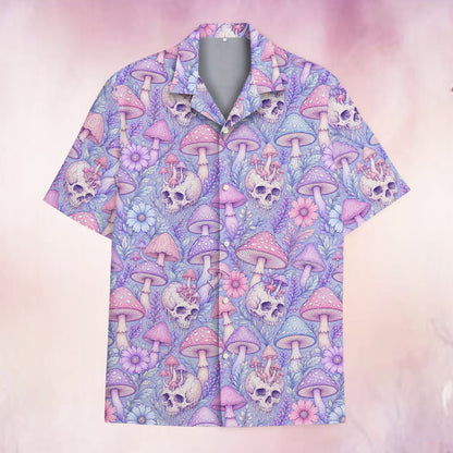 Main view of matching family hawaiian shirts with skull and mushroom pastel design