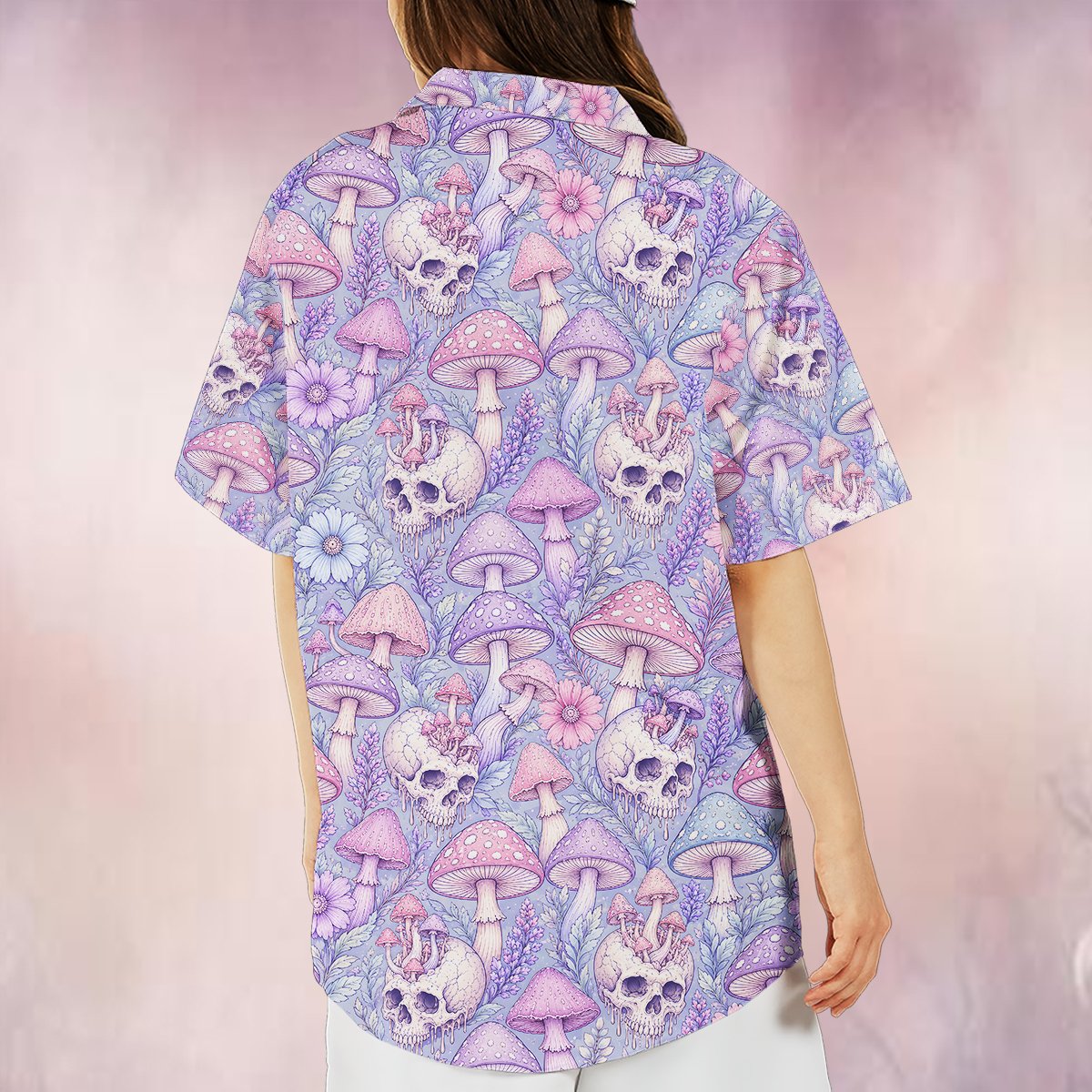 Fourth lifestyle shot of the skull and mushroom hawaiian apparel