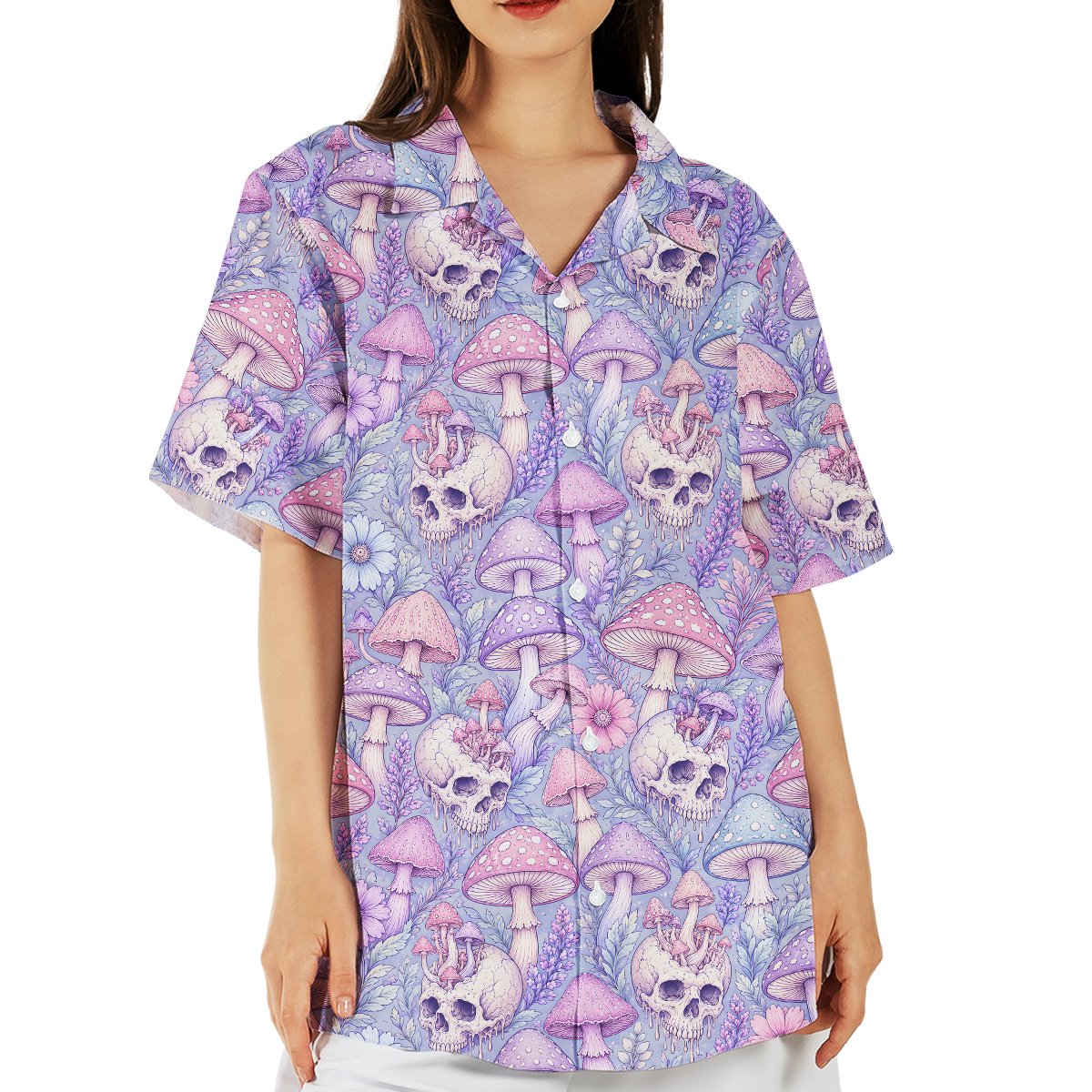 Lifestyle shot of a family wearing matching family hawaiian shirts with skulls