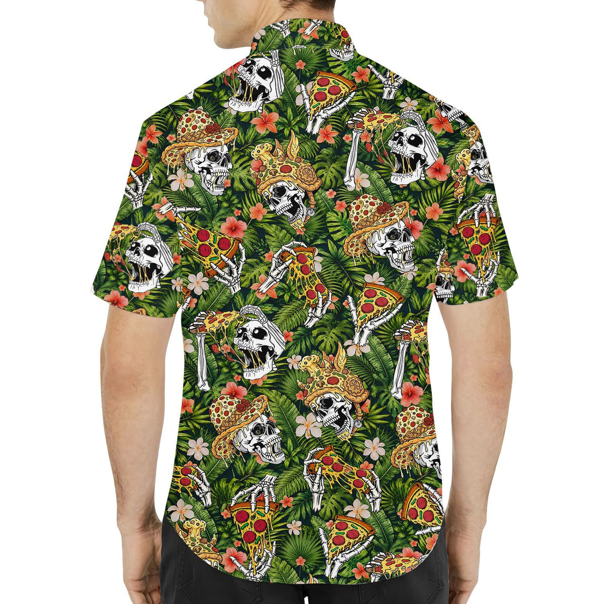 Back view of the skull and pizza hawaiian shirt