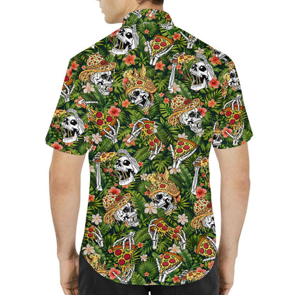 Back view of the skull and pizza hawaiian shirt