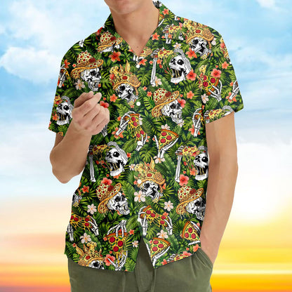 Front view of the green skull hawaiian shirt with pizza print