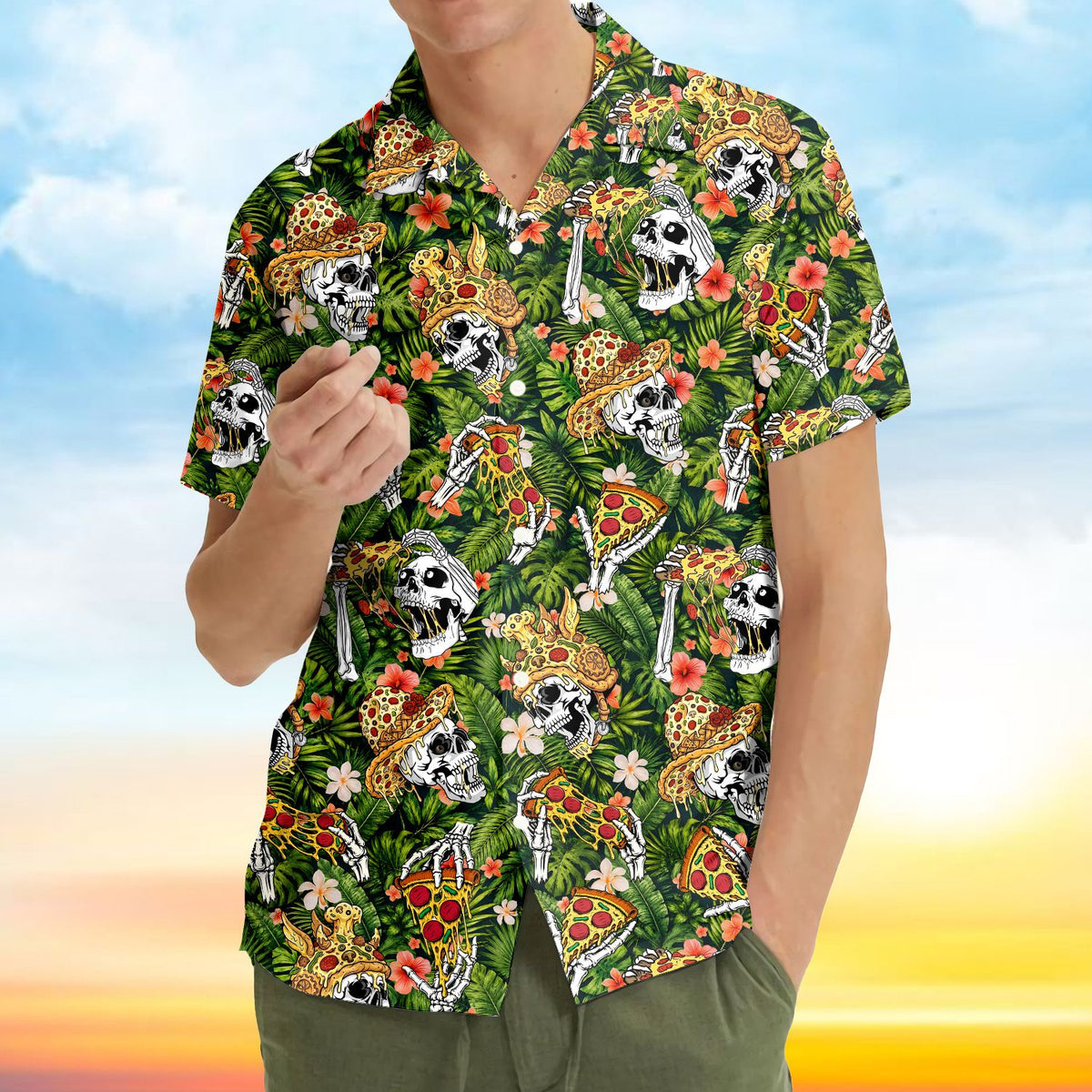 Main view of the skull and pizza hawaiian shirt featuring tropical leaves and pizza slices
