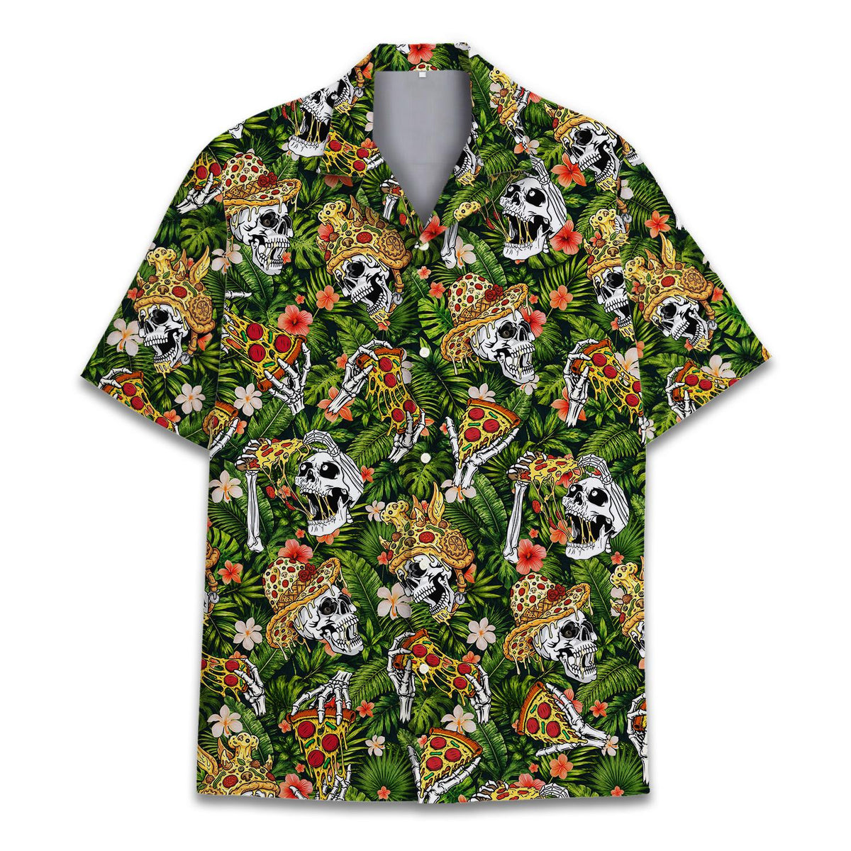 Second lifestyle shot featuring the green skull hawaiian shirt outdoors