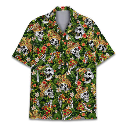 Second lifestyle shot featuring the green skull hawaiian shirt outdoors