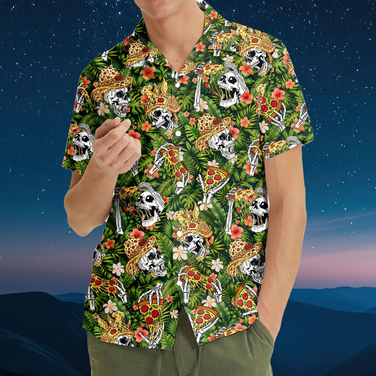 Third lifestyle view showcasing the bold skull and pizza design