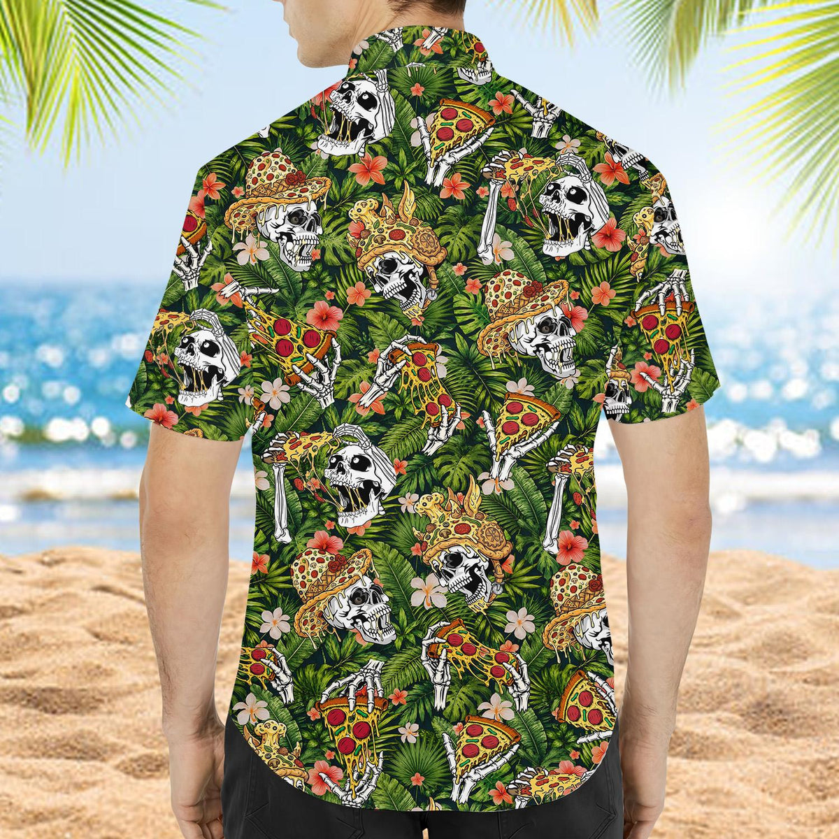 Lifestyle view of someone wearing the matching family hawaiian shirts