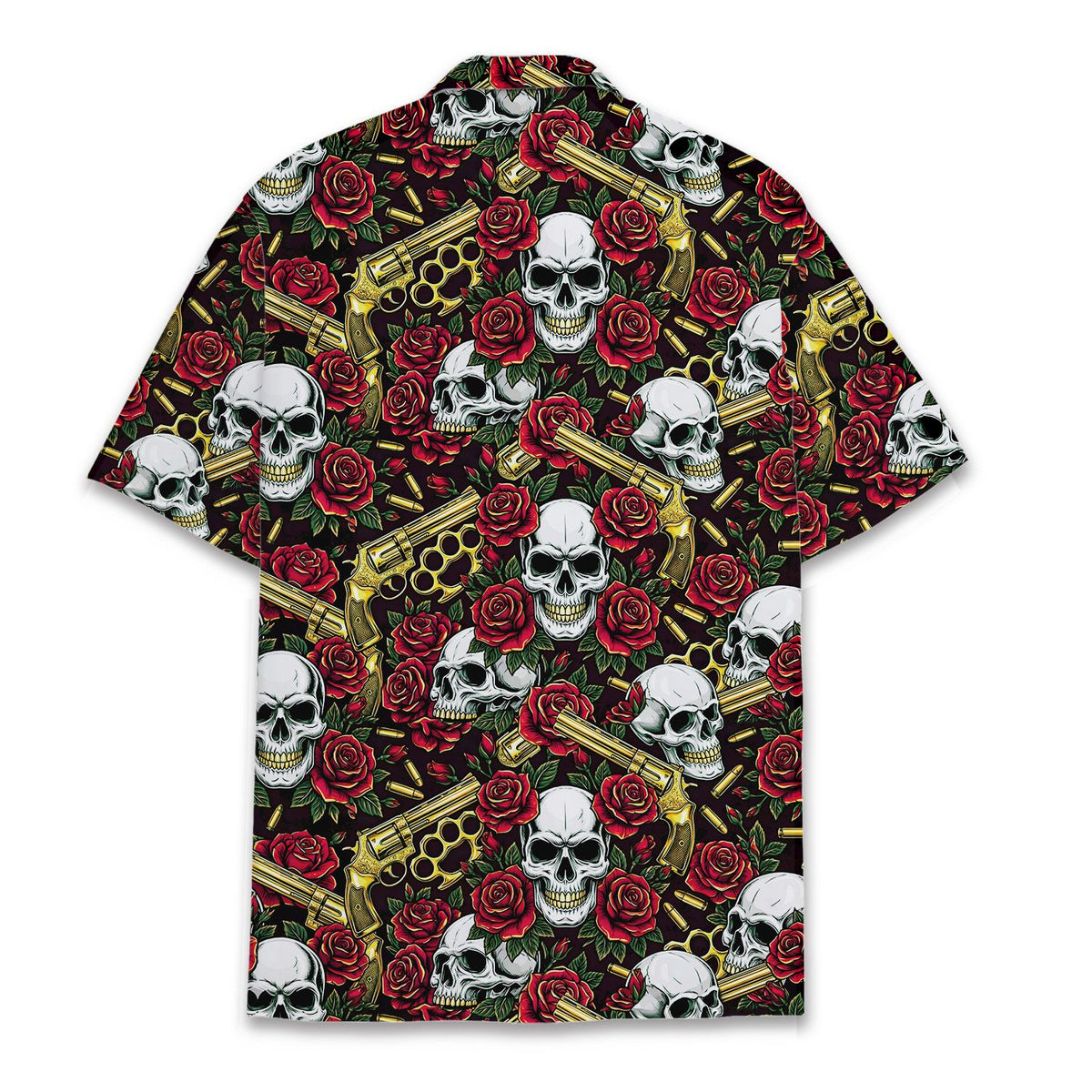 Back view of the skull and roses hawaiian shirt