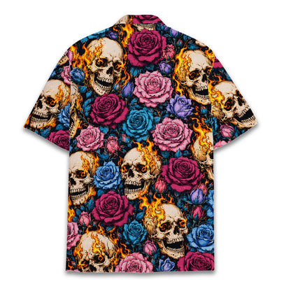 Back view of the skull and roses hawaiian shirt