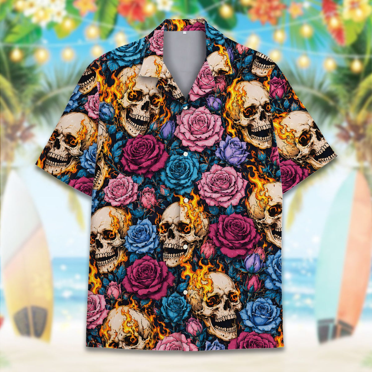 Another front view of the multicolor skull hawaiian shirt