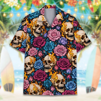 Another front view of the multicolor skull hawaiian shirt