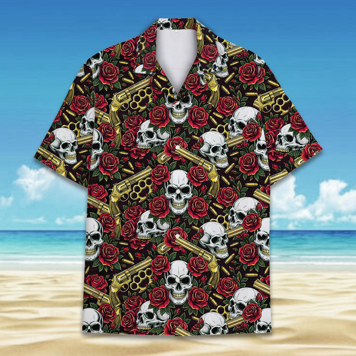 Close up front view of the skull and roses hawaiian shirt