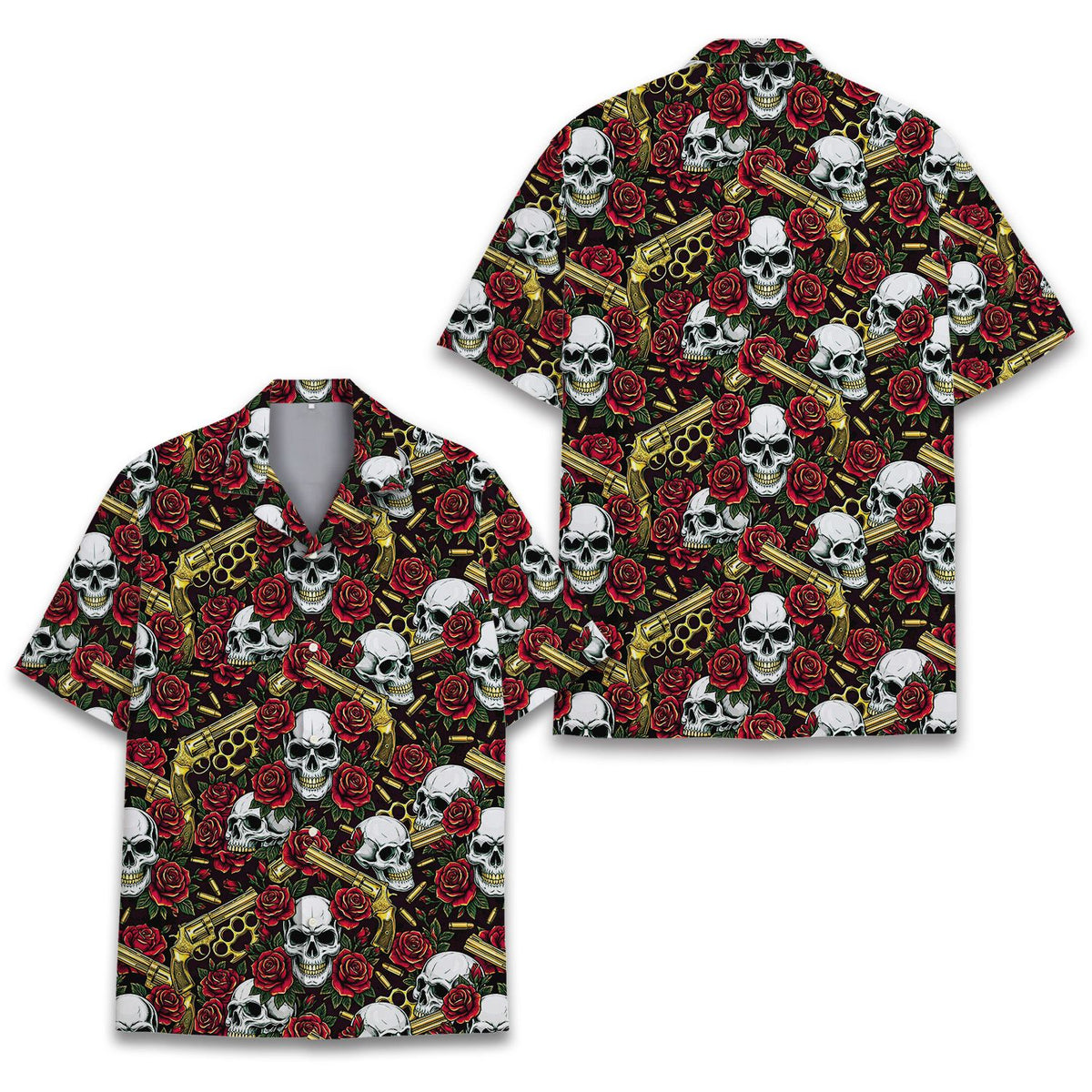 Another front view of the black and red patterned hawaiian shirt