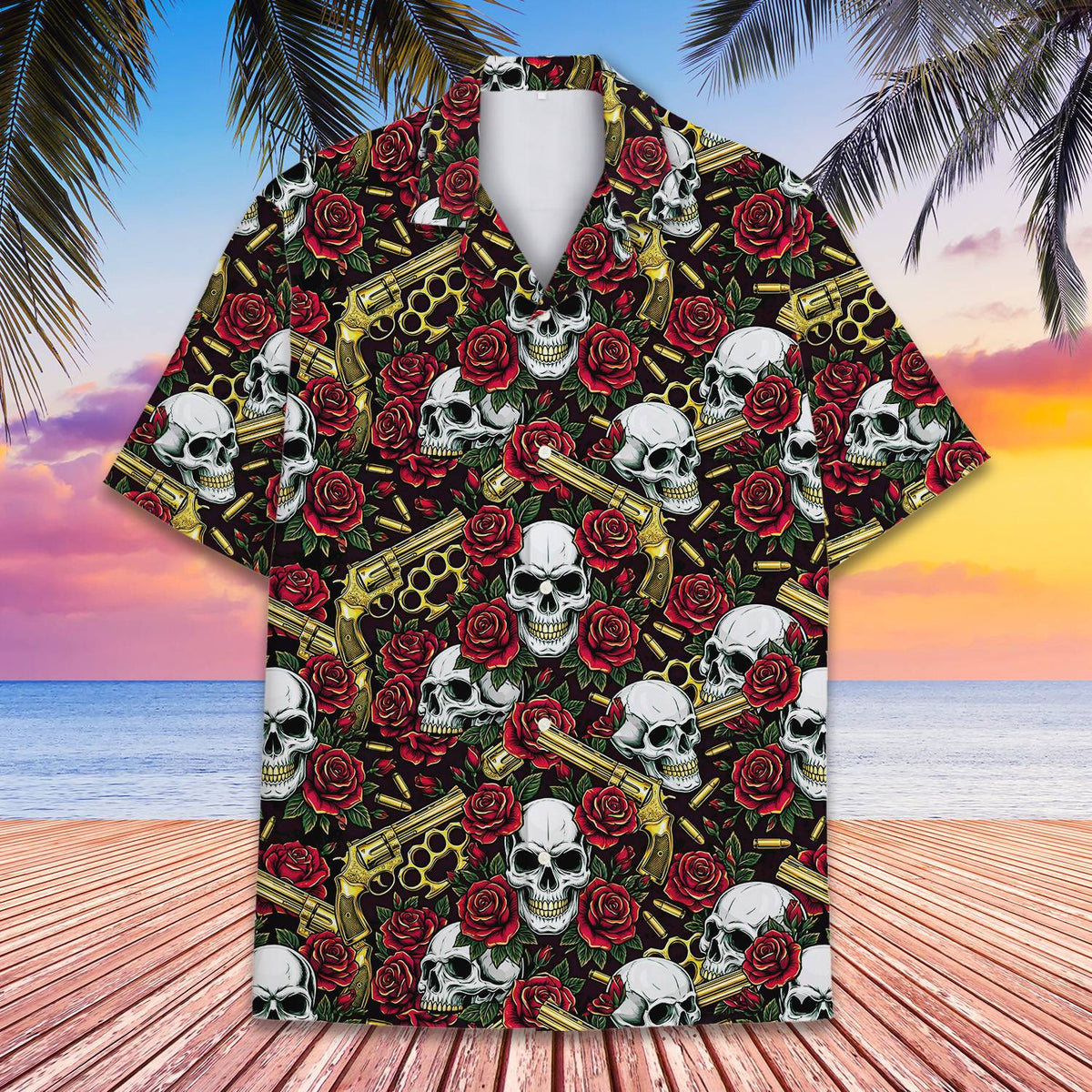 Matching family skull and roses hawaiian shirt, front view