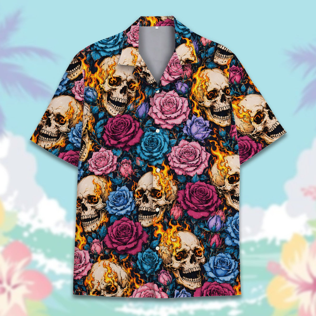 Main view of the matching family hawaiian shirts in skull and roses design
