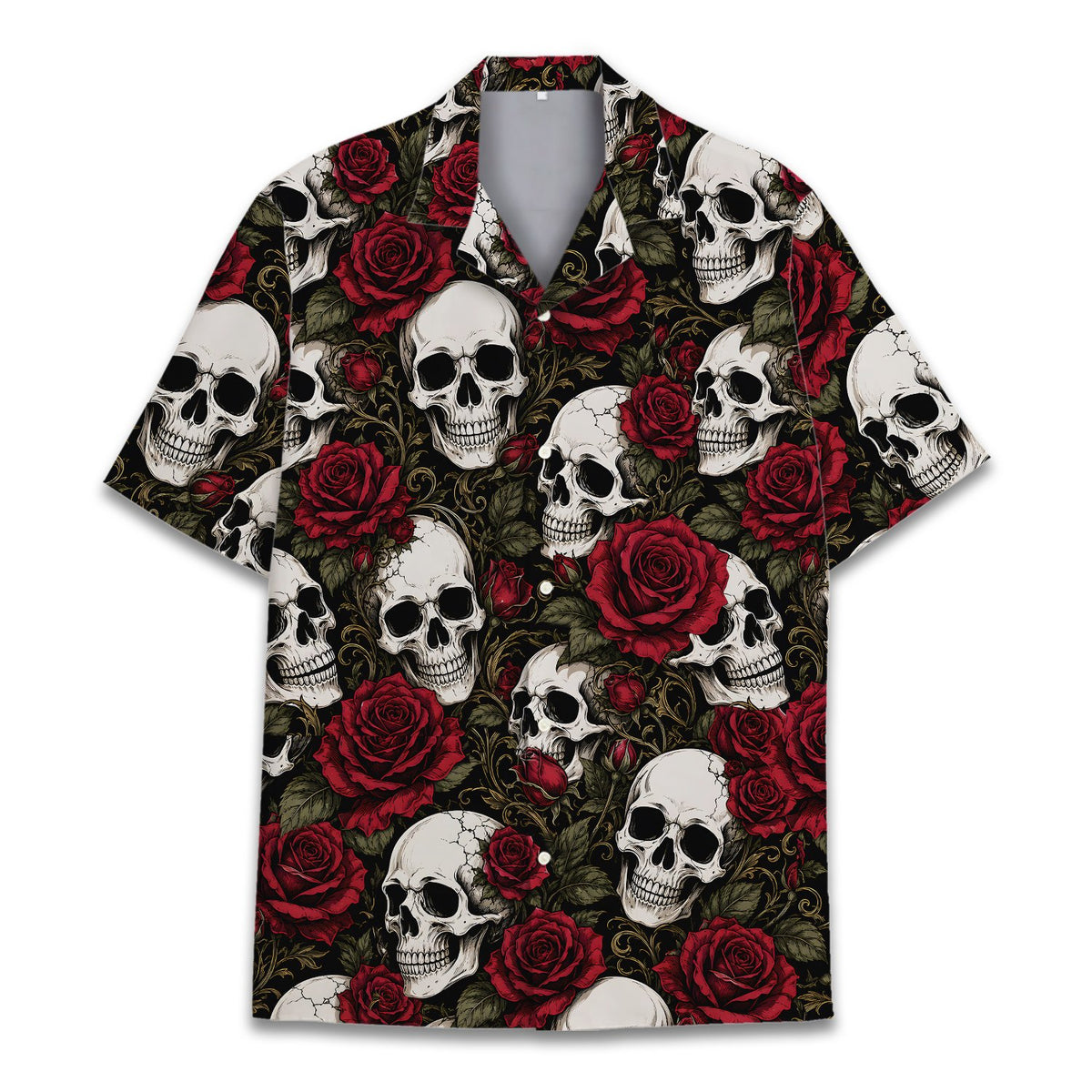 Pirate skull hawaiian shirt featuring detailed human skulls and red roses, front view