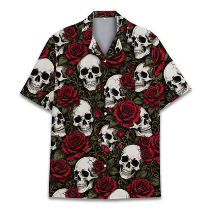 Pirate skull hawaiian shirt featuring detailed human skulls and red roses, front view