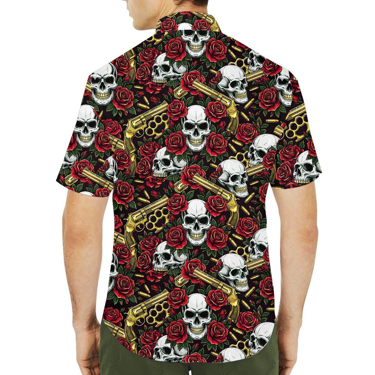 Second lifestyle view of the family wearing matching skull hawaiian shirts