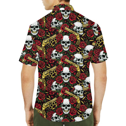 Second lifestyle view of the family wearing matching skull hawaiian shirts