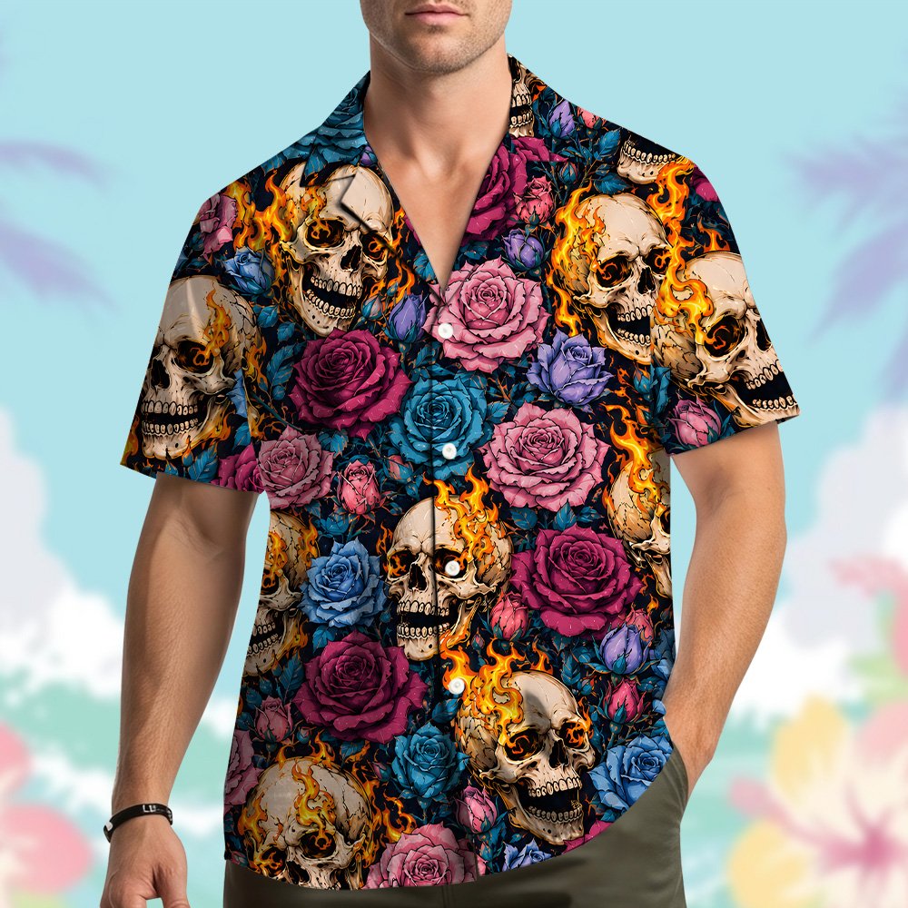 Second lifestyle view featuring the skull and roses hawaiian shirt