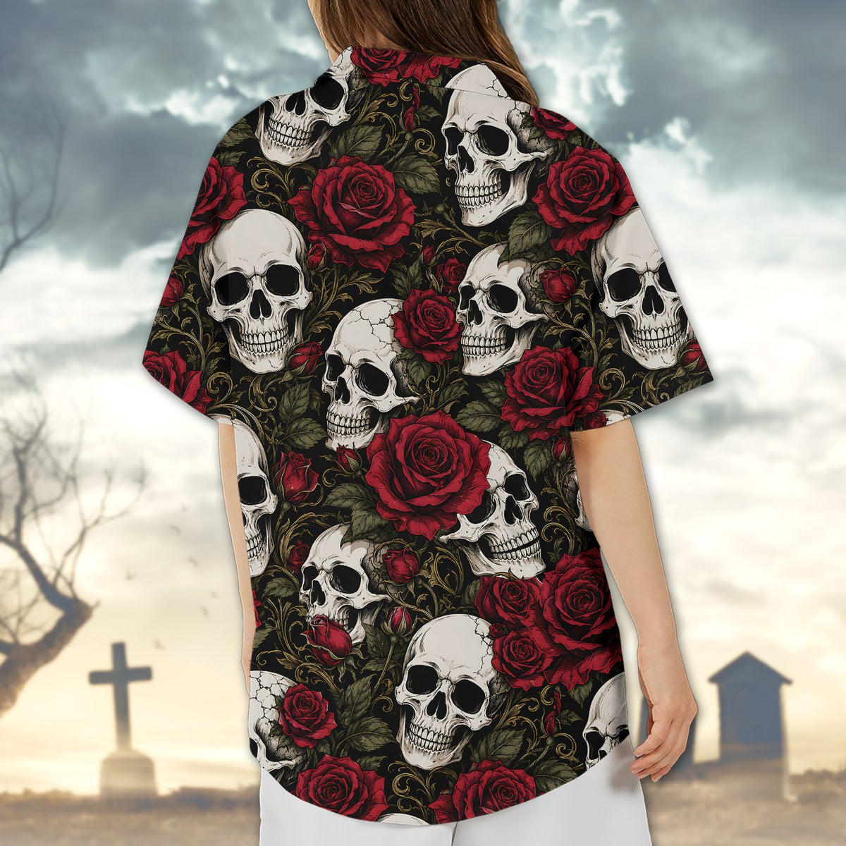 Lifestyle shot of the matching family hawaiian shirts in skull and roses design