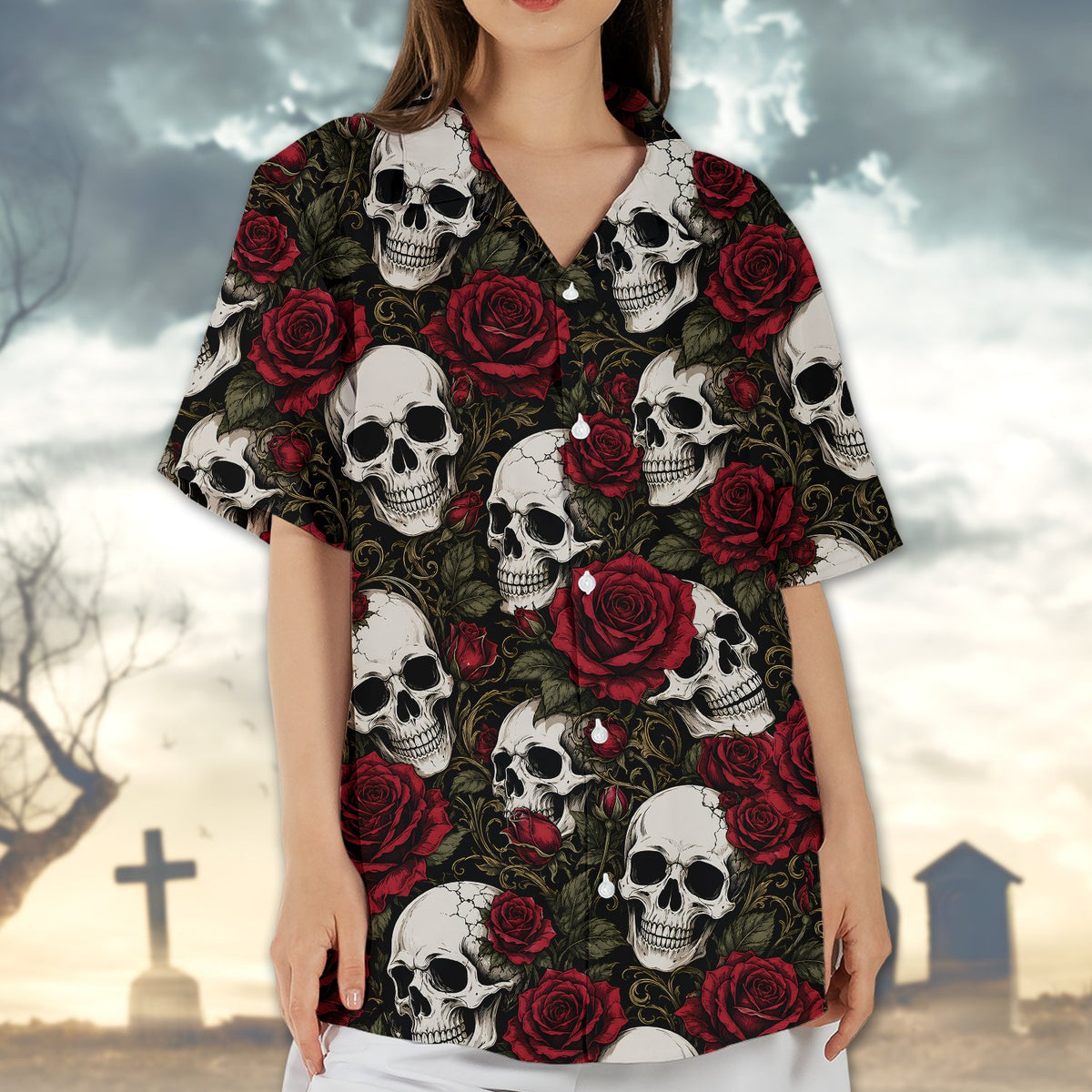 Close up lifestyle view of the bold black and red floral skull pattern