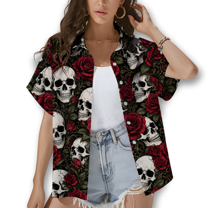 Man modeling the pirate skull hawaiian shirt in a casual setting