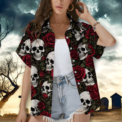 Another lifestyle angle of the skull flower hawaiian shirt
