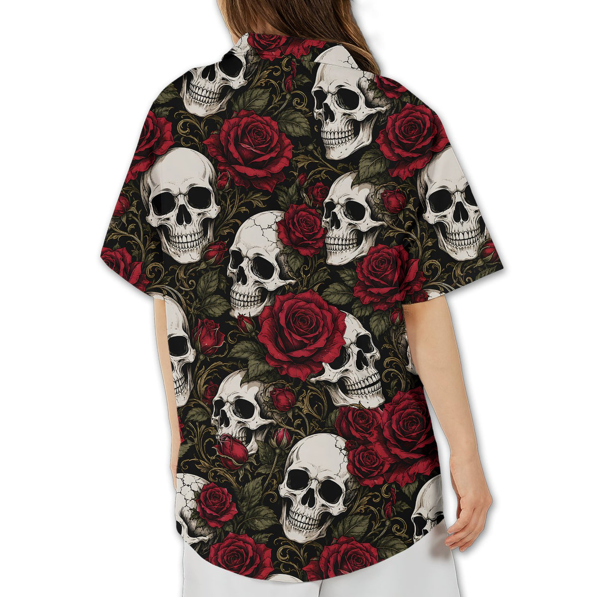 Detailed lifestyle view of the dark green foliage and red roses on the shirt