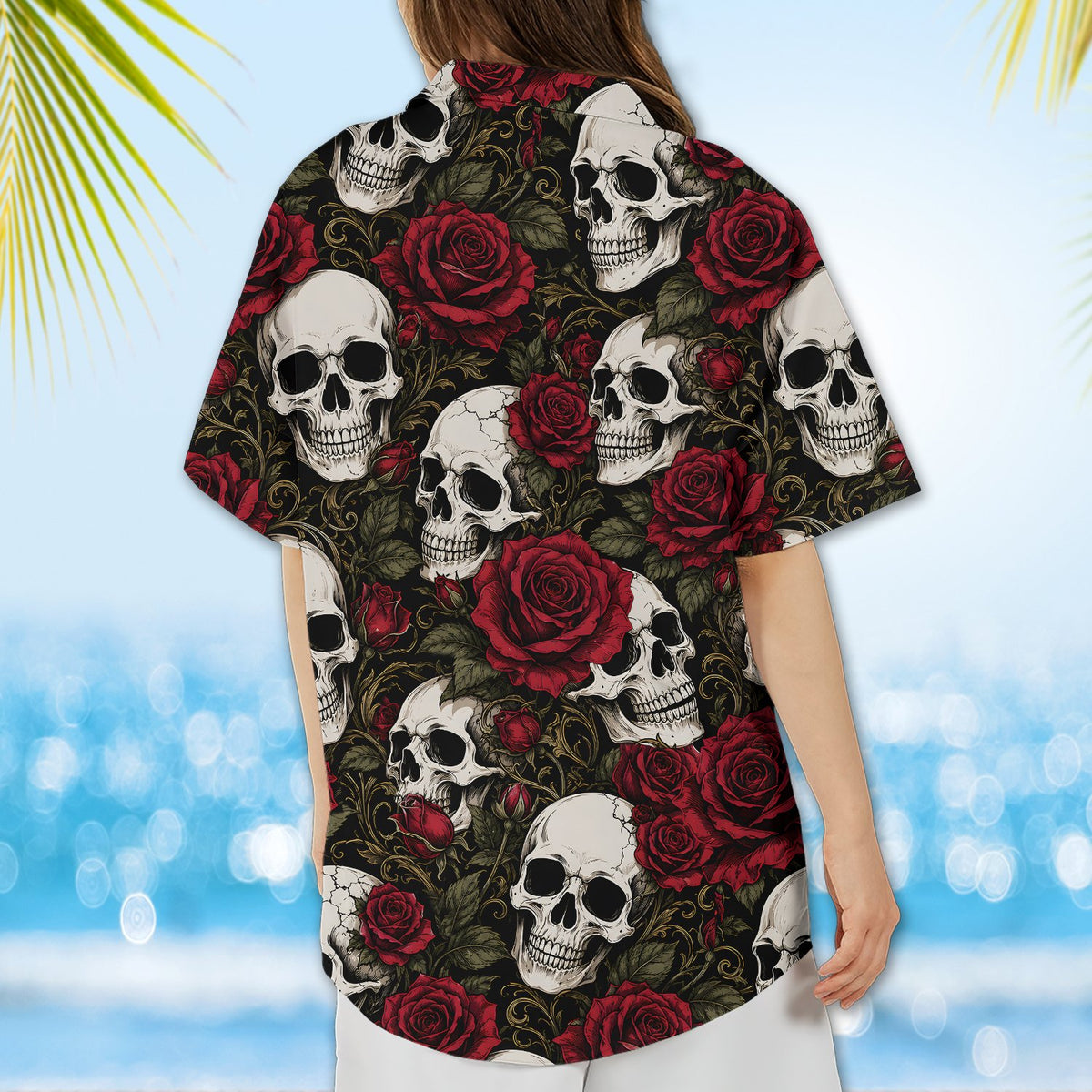 Adult wearing the skull flower hawaiian shirt outdoors, lifestyle view