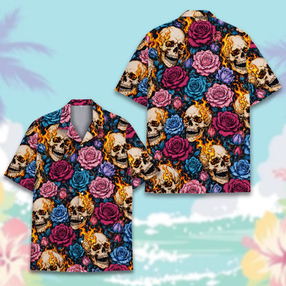 Close up view of the vibrant roses and skulls on the hawaiian shirt