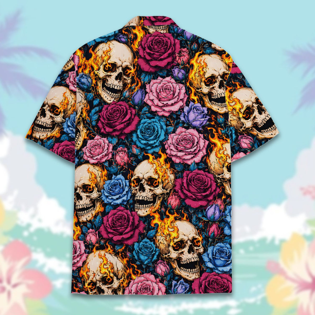 Detailed view of the dark background and foliage on the skull and roses hawaiian shirt