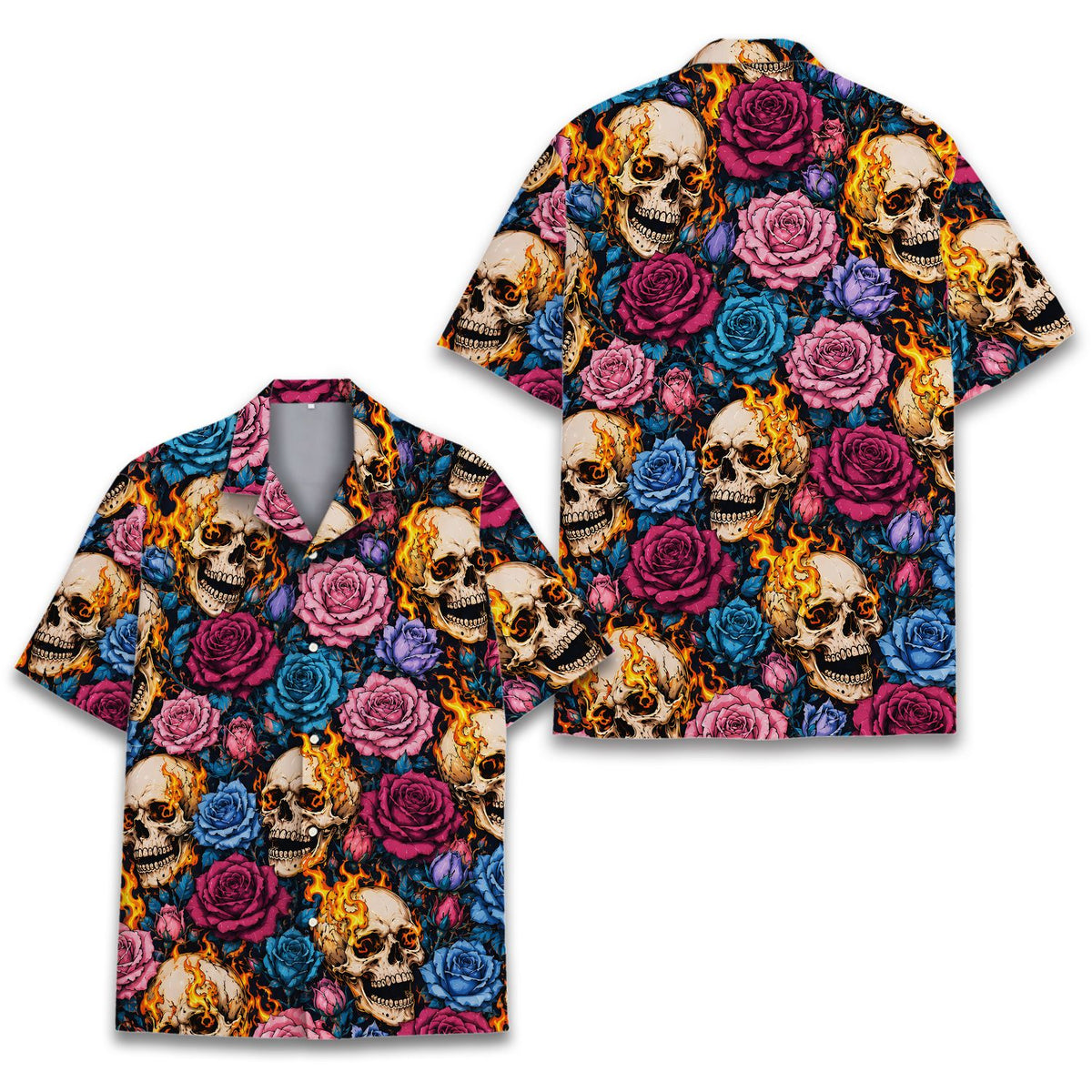 Additional view of the skull and roses hawaiian shirt fabric details
