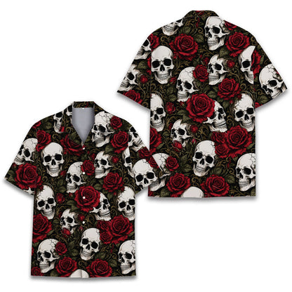 Folded view of the polyester skull and roses hawaiian shirt