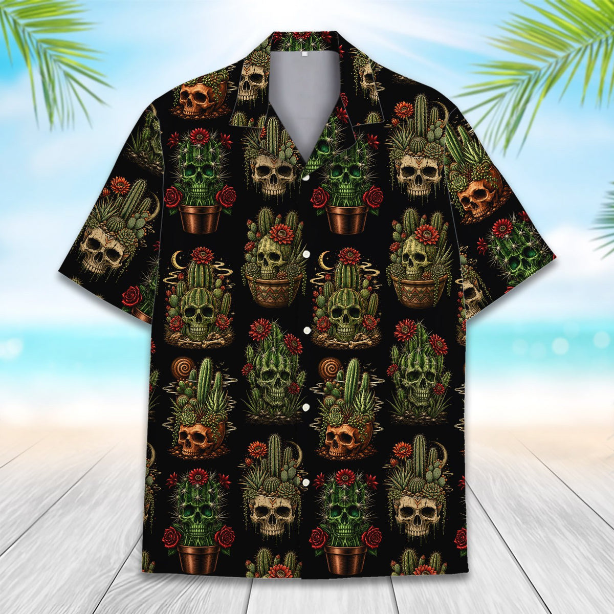 Front view of the matching family hawaiian shirt on model