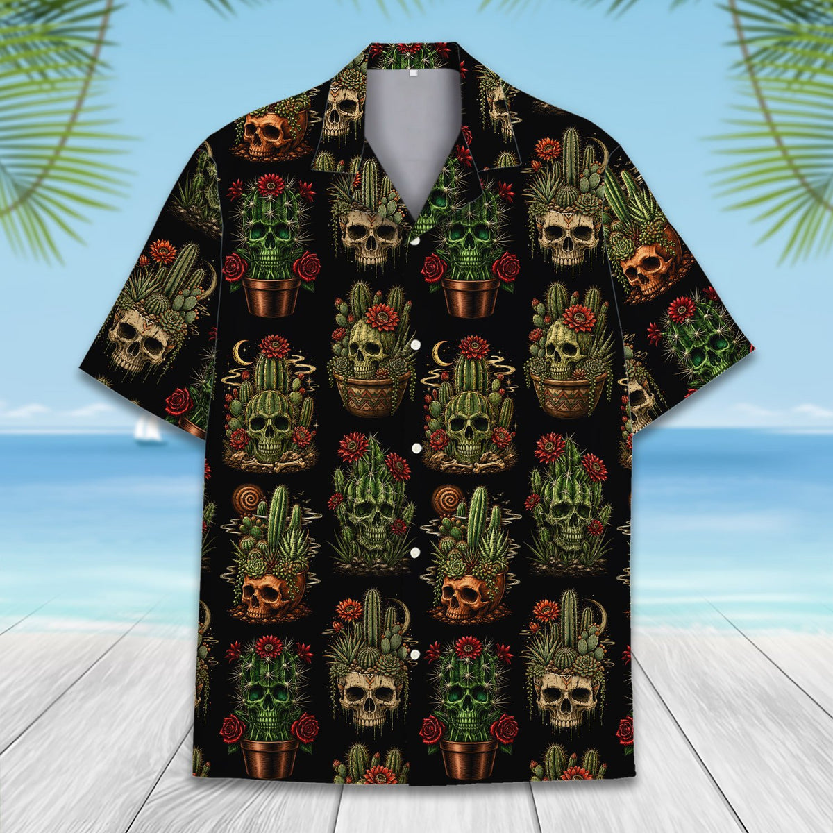 Front view of the skull cactus hawaiian shirt