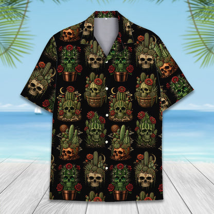 Front view of the skull cactus hawaiian shirt