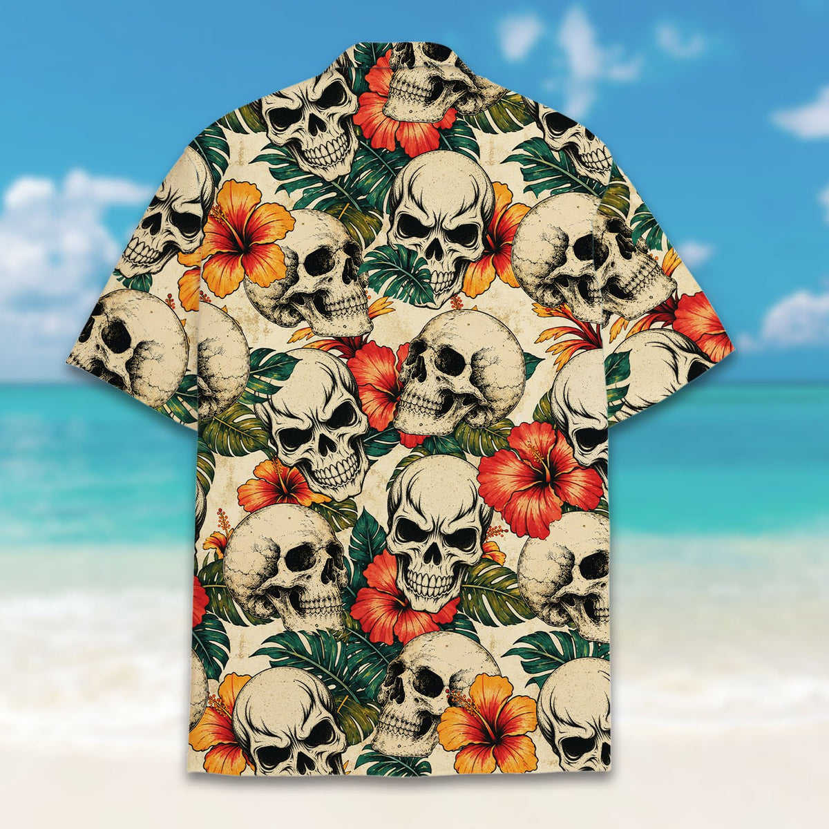 Back view detail of the matching family hawaiian shirt with skulls and hibiscus