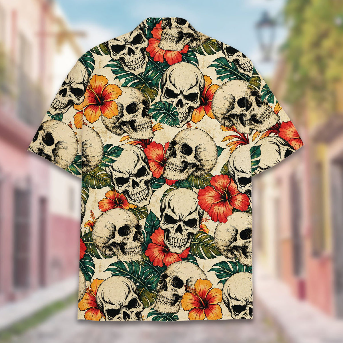 Full back view of the beige tropical skull floral hawaiian shirt