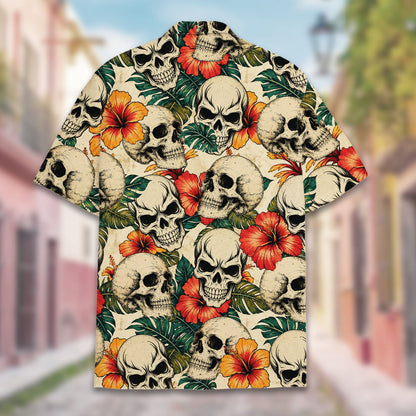 Full back view of the beige tropical skull floral hawaiian shirt